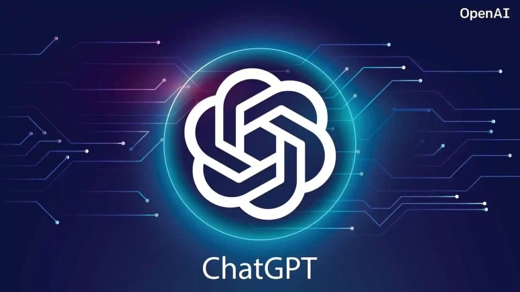 Il logo di ChatGPT al centro con uno sfondo blu