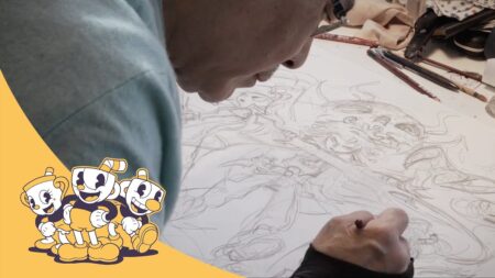 Yoshitaka Amano che sta disegnando l'artwork speciale di Cuphead