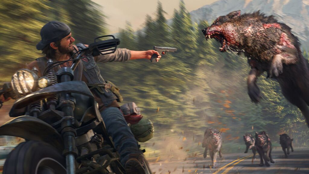 Il protagonista di Days Gone sulla moto mentre spara ad un lupo zombie