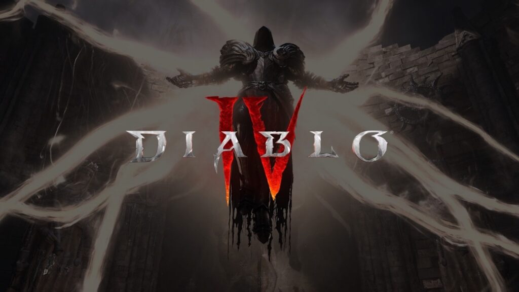 Un personaggio di Diablo 4 in cielo con il logo del gioco