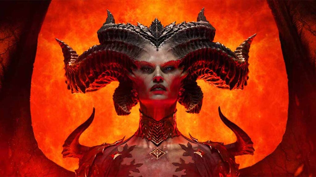 Lilyt di Diablo 4 in primo piano con uno sfondo rosso fuoco