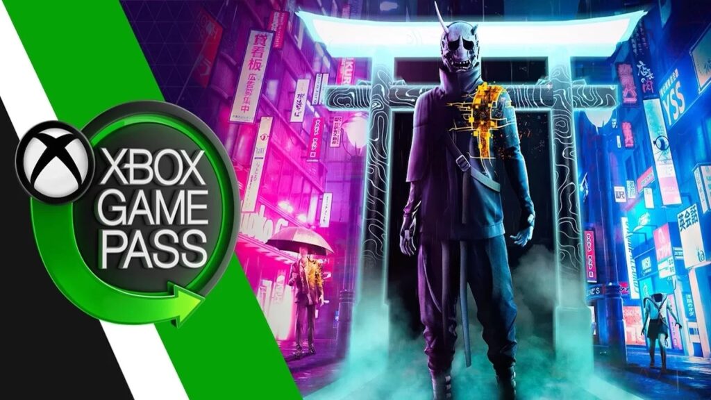 Il logo di Xbox Game Pass con affianco il protagonista di Ghostwire: Tokyo