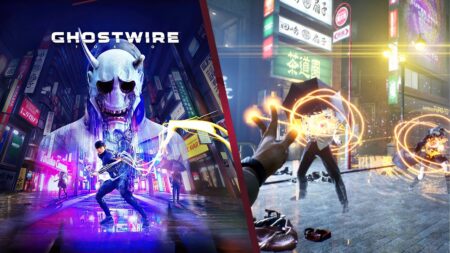 Il protagonista di Ghostwire: Tokyo con al fianco un nemico da combattere