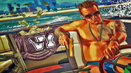 Un personaggio di GTA 6 che scappa via con una borsa piena di soldi