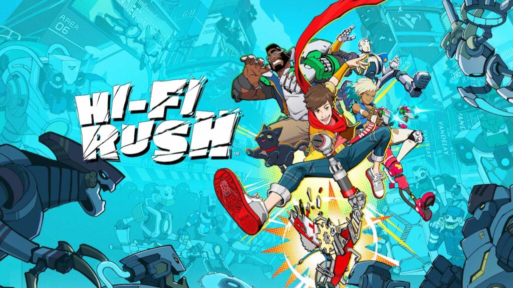 Il logo di Hi-Fi Rush con tutti i personaggi
