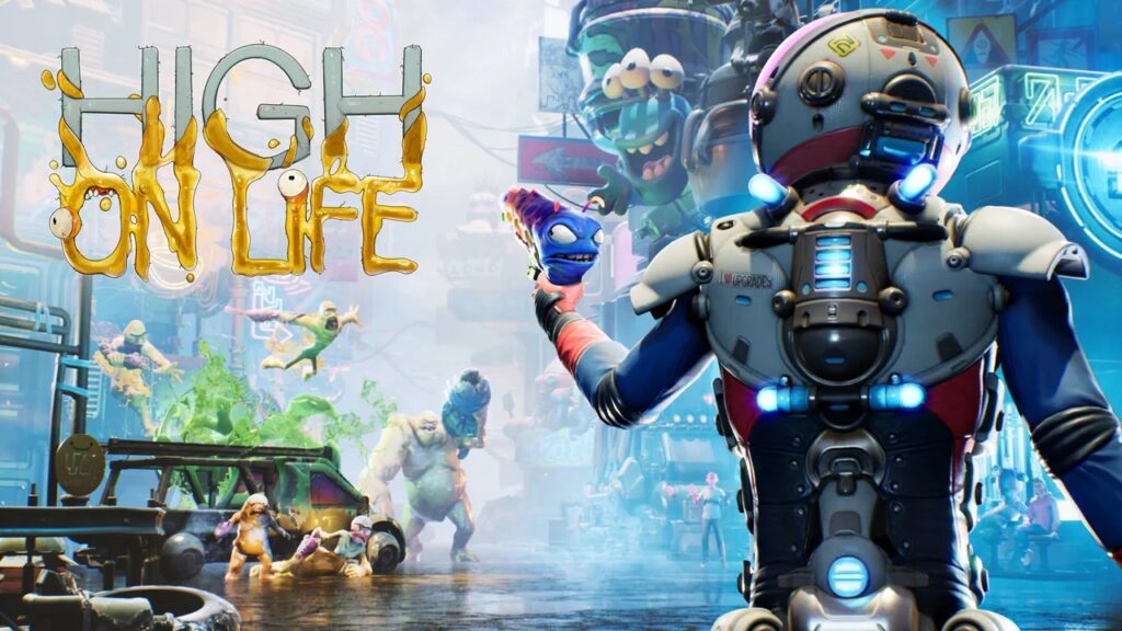 Il protagonista di High on Life in primo piano con il logo del gioco a destra