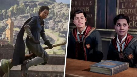 Un personaggio di Hogwarts Legacy sulla scopa mentre vola