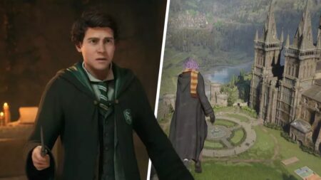 Il protagonista di Hogwarts Legacy su una scopa in volo