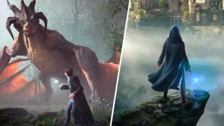 Il drago di Hogwarts Legacy con affianco il protagonista del gioco