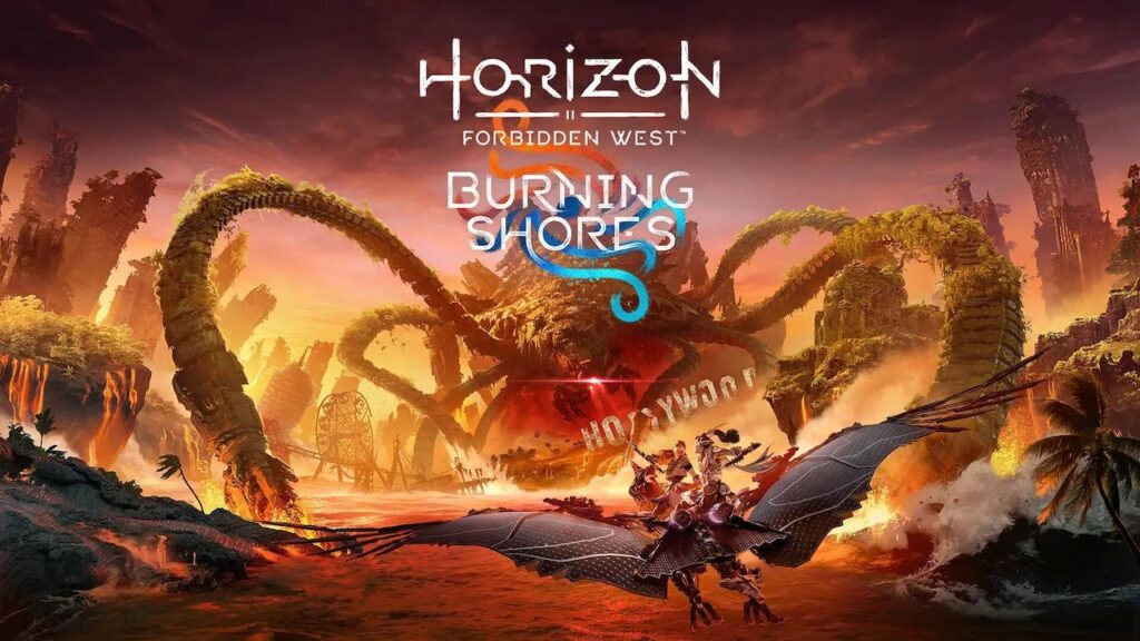 Aloy mentre vola verso il logo di Horizon Forbidden West: Burning Shores