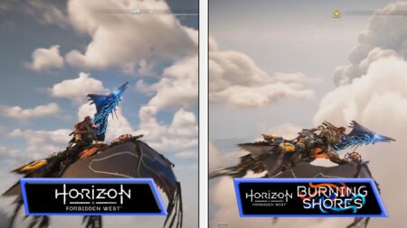 Due Aloy di Horizon Forbidden West: Burning Shores in sella ad un Solcanube