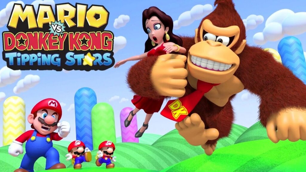 Donkey Kongo che scappa da Super Mario con una ragazza fra le braccia