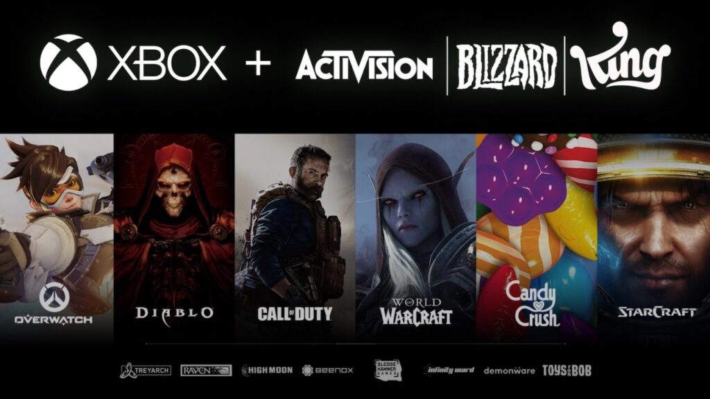 Il logo di Microsoft Xbox e di Activision Blizzard King, con i giochi delle due compagnie sullo sfondo