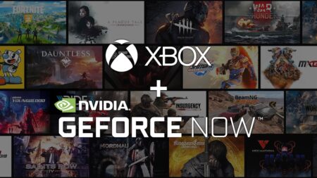 Il logo di Xbox e NVIDIA GeForce Now con dei giochi sullo sfondo