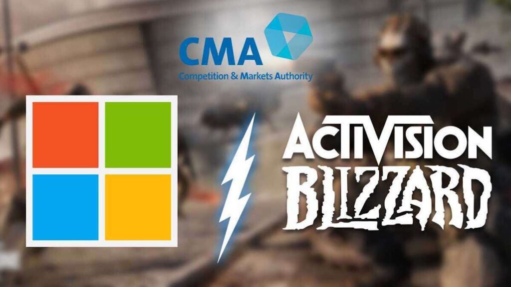 Il logo di Microsoft, della CMA e di Activision Blizzard con al centro un fulmine