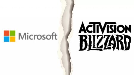 Il logo di Microsoft e quello di Activision Blizzard separati da una spaccatura nella carta