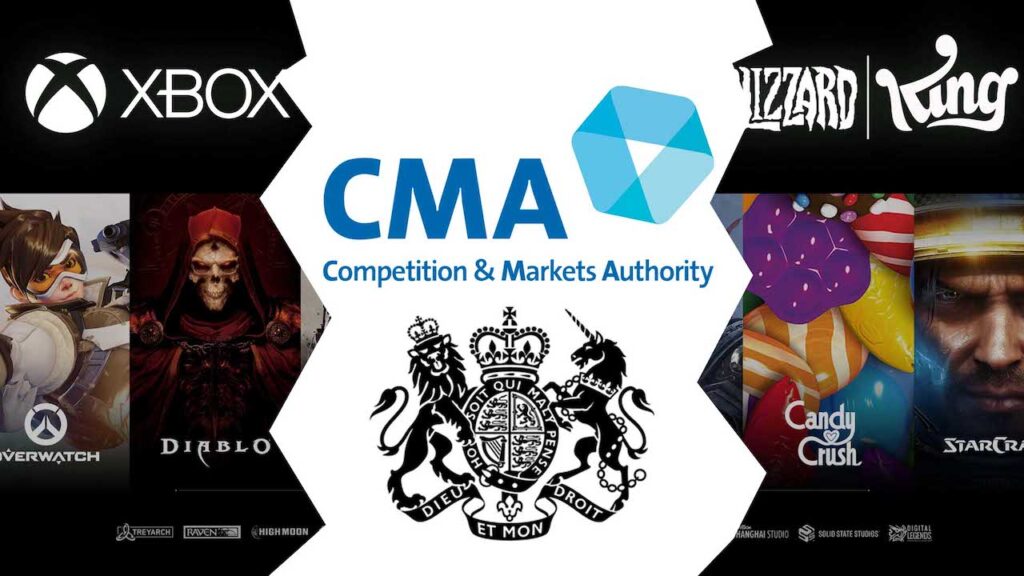 Il logo di Activision Blizzard e di Microsoft con al centro quello della CMA