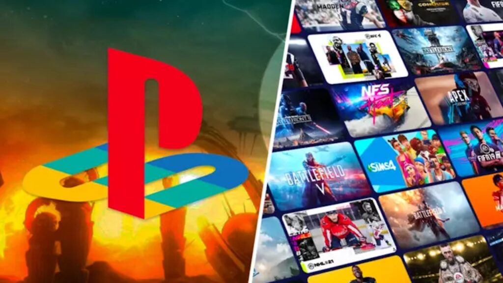 Il logo di PlayStation con tanti giochi sullo sfondo