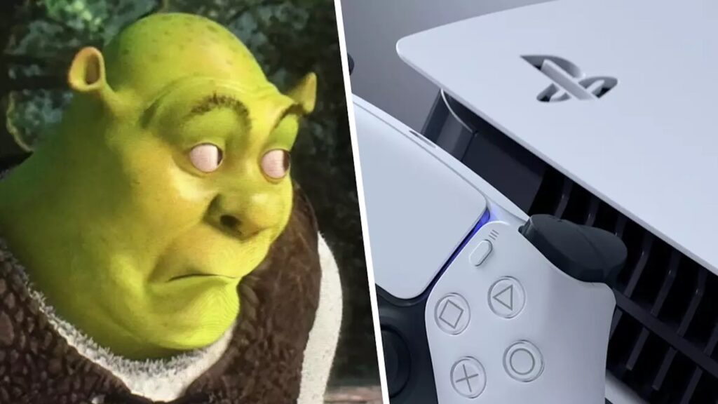 Shrek che guarda perplesso una PS5
