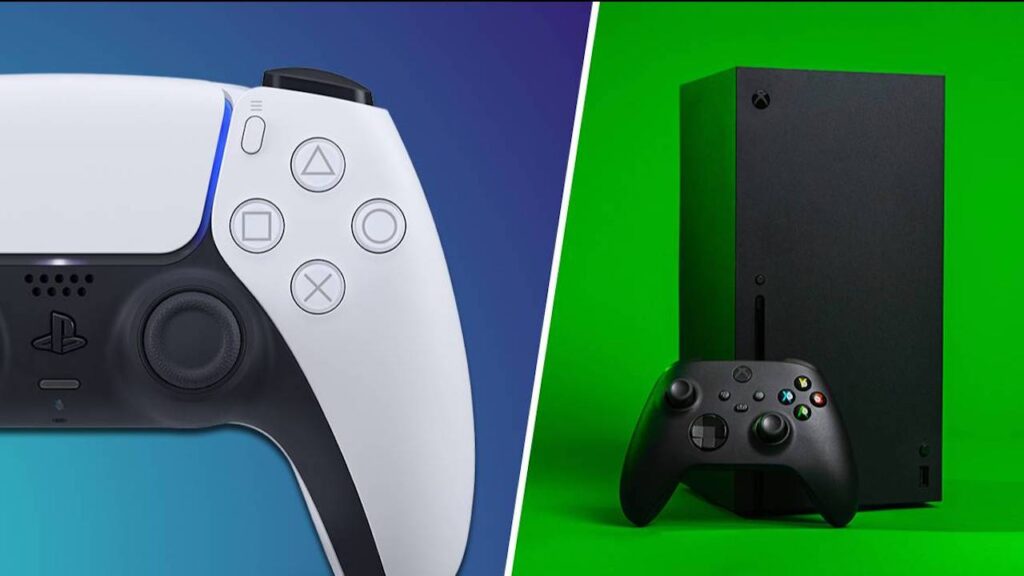 Il DualSense di PlayStation 5 con al fianco Xbox una Xbox Series X