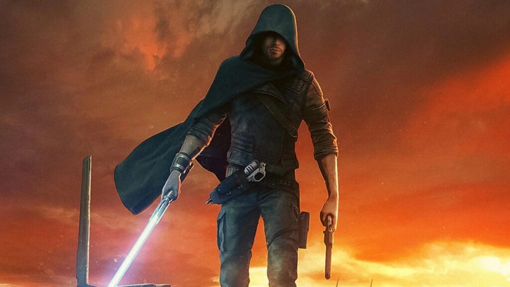 Cal Kestis di Star Wars Jedi: Survivor incappucciato mentre impugna una spada laser