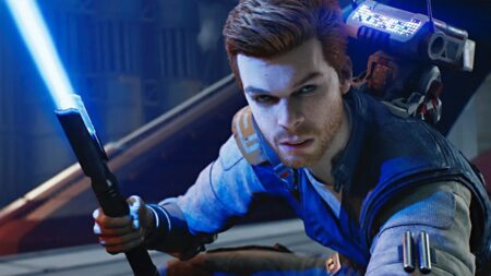 Carl Kestis di Star Wars Jedi: Survivor in primo piano con la spada laser in mano