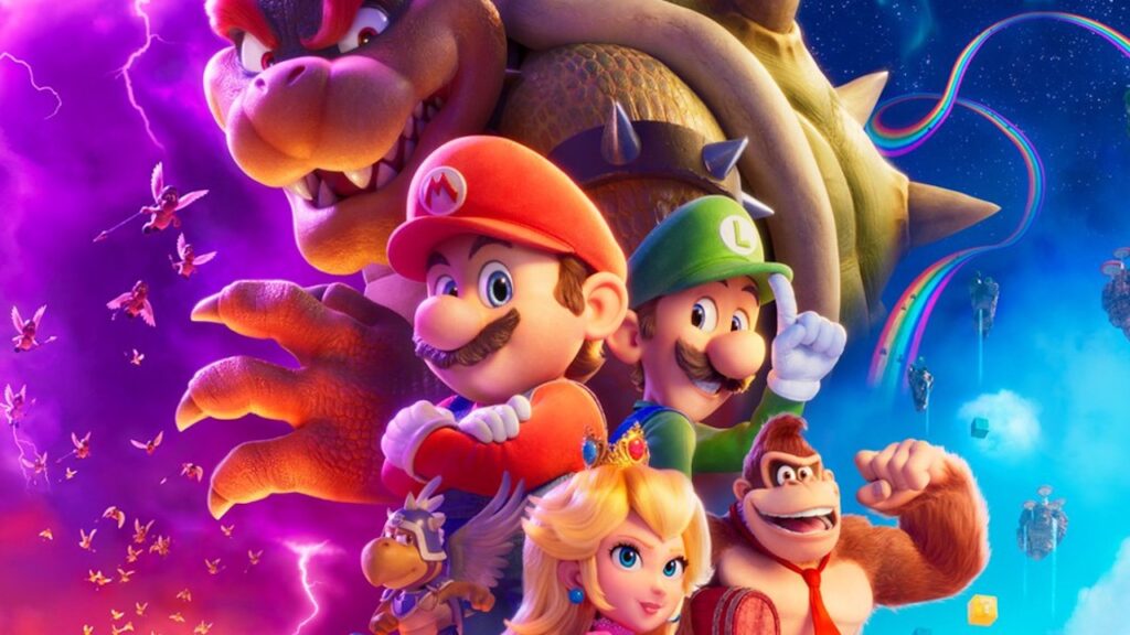I personaggi principali di Super Mario Bros. Il Film in primo piano con uno sfondo viola