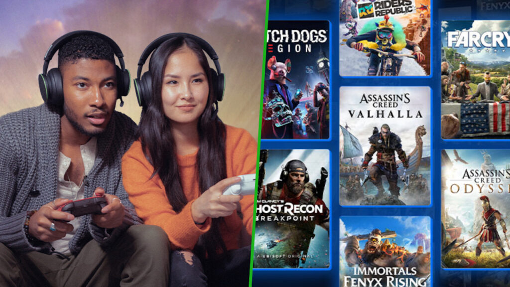 Due giocatori Xbox con al fianco alcuni giochi di Ubisoft+