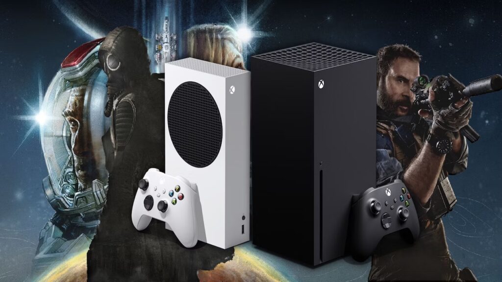Una Xbox Series S con al fianco una Xbox Series X e sullo sfondo Capitan Price di Call of Duty e Starfield