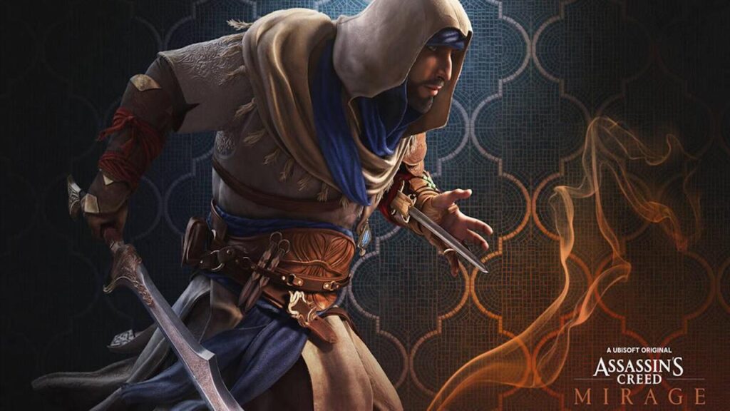 Il protagonista di Assassin's Creed Mirage con dietro delle fiamme