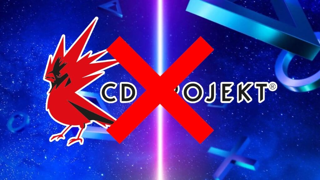 Il logo di CD Projekt RED con una X sopra e dietro i simboli di PlayStation