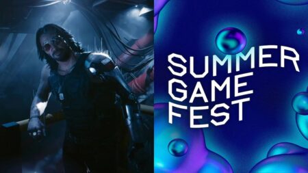 Jonny Silverhand di Cyberpunk 2077: Phantom Liberty con al fianco il logo del Summer Game Fest 2023