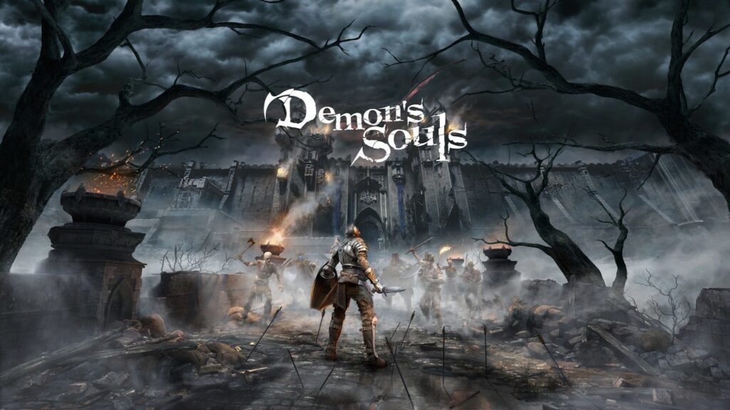 Il protagonista di Demon's Souls in primo piano con il logo ed il castello davanti