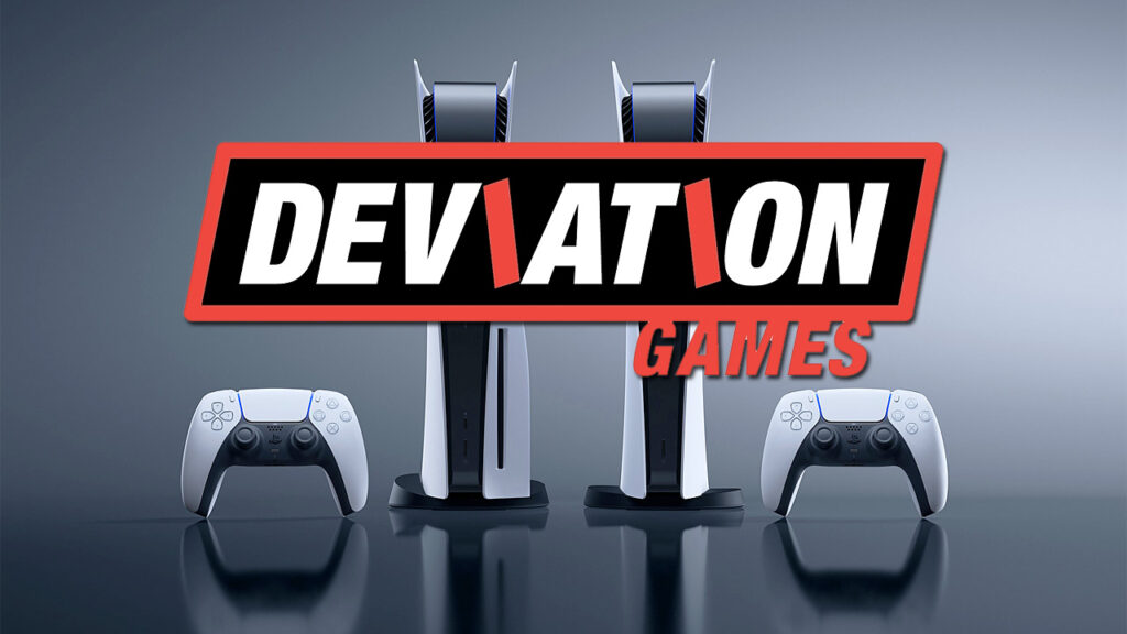 Il logo di Deviation Games con dietro delle PS5 in verticale
