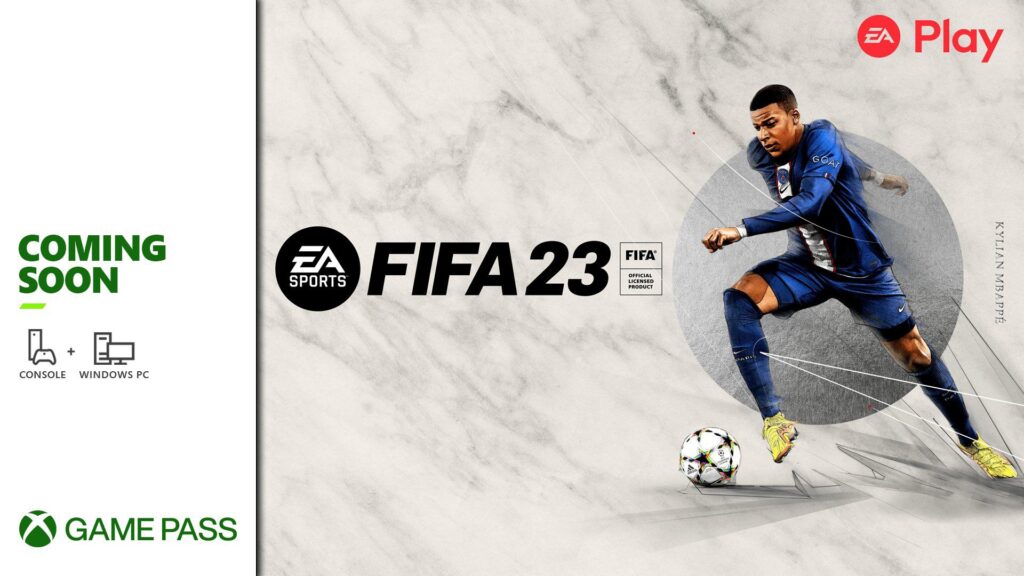 Mbappé di FIFA 23 con il logo di Xbox Game Pass ed EA Play