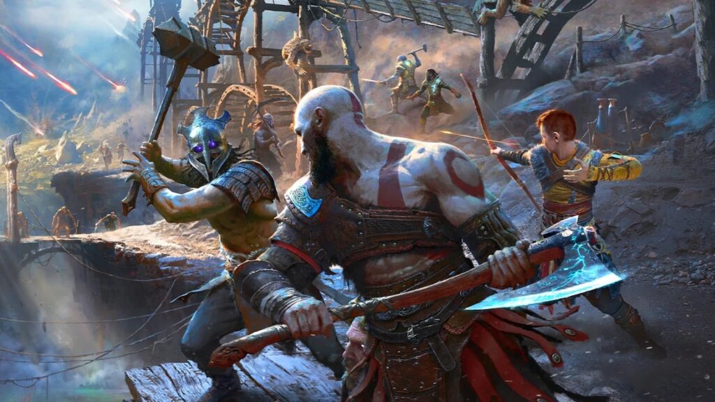 Kratos ed Atreus di God of War Ragnarok mentre combattono dei nemici