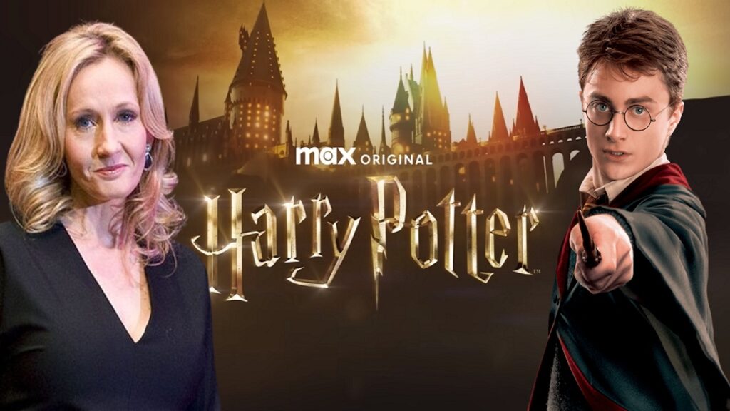 J.K. Rowling con al centro il logo di Harry Potter Serie TV di HBO ed a destra Harry Potter