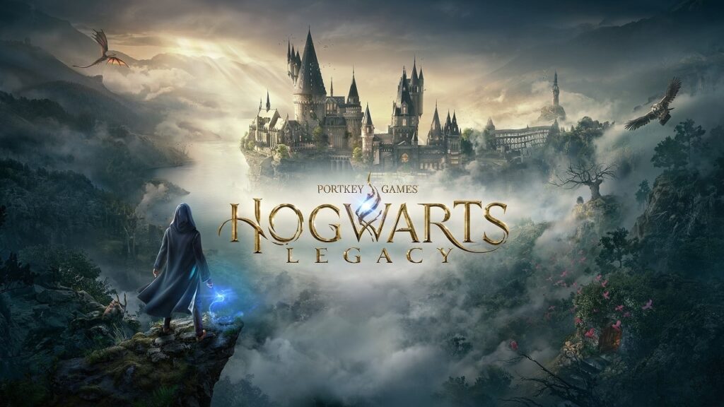Il protagonista di Hogwarts Legacy con il logo del gioco