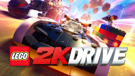 Due macchine di LEGO 2K Drive in pista con il logo