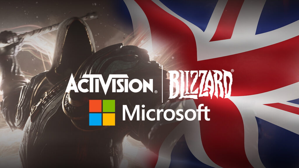 I loghi di Microsoft ed Activision Blizzard con sullo sfondo la bandiera UK