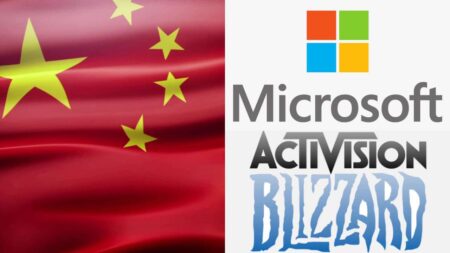 La bandiera della Cina con al fianco i loghi di Microsoft ed Activision Blizzard