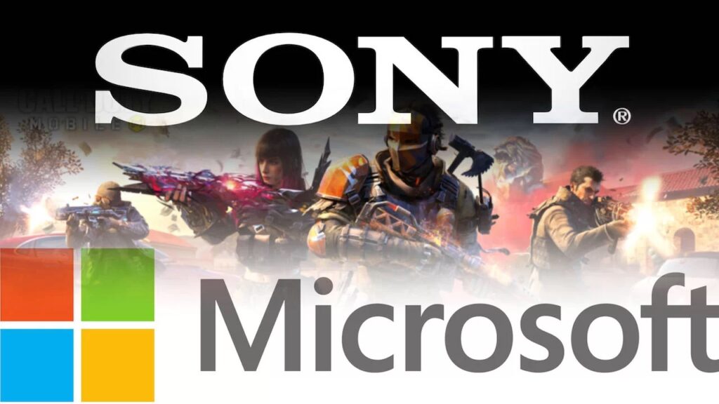 Il logo di Sony e quello di Microsoft con dietro Call of Duty di Activision Blizzard