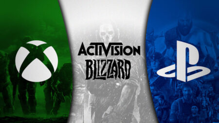 I loghi di Xbox e quello PlayStation ai fianchi, con al centro il logo di Activision Blizzard