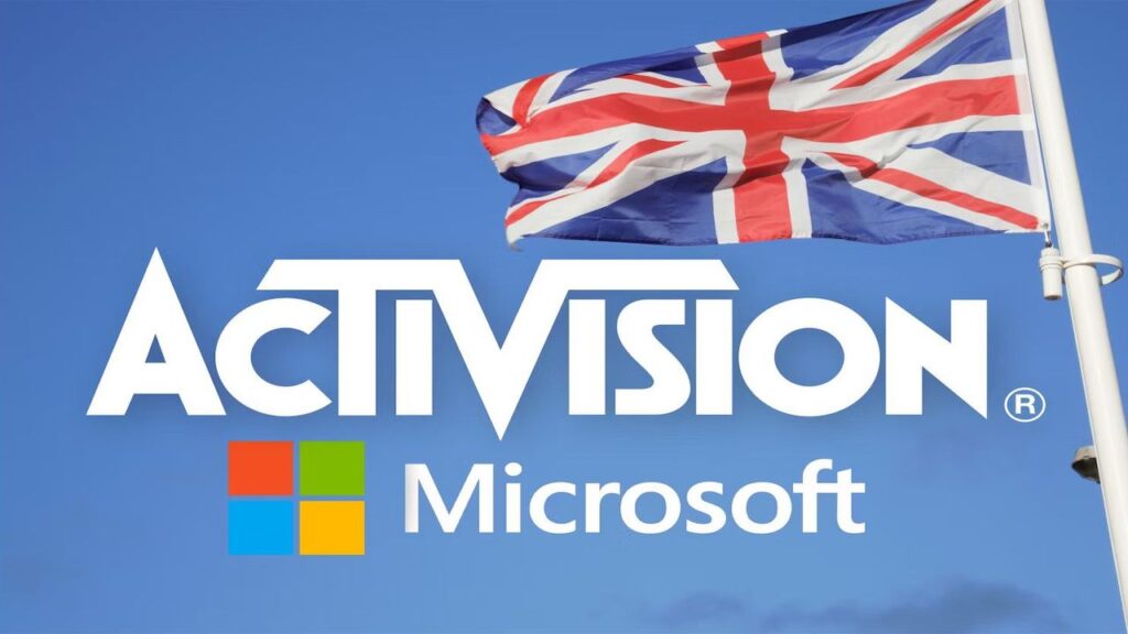 I loghi di Microsoft ed Activision con una bandiera del Regno Unito sopra