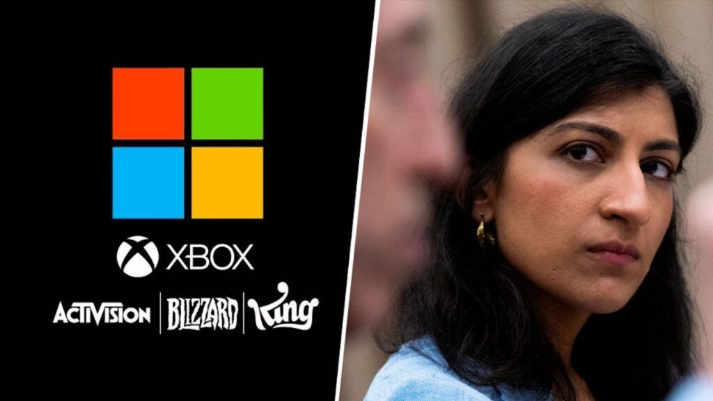 Il logo di Microsoft con sotto quello di Activision Blizzard King ed a fianco Lina Khan della FTC