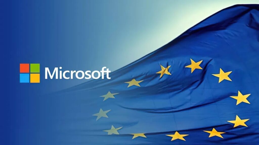 La bandiera dell'UE con al fianco il logo di Microsoft