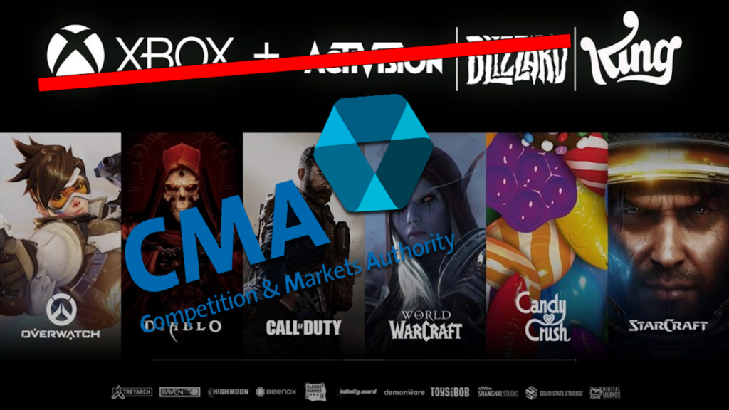I loghi di Xbox ed Activision Blizzard sbarrati di rosso con quello della CMA in basso