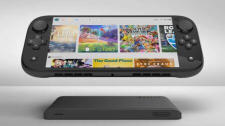 Un concept di Nintendo Switch 2 in primo piano, con una dock