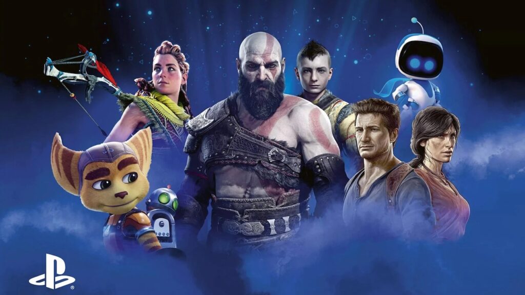 I personaggi principali di PlayStation sullo sfondo blu
