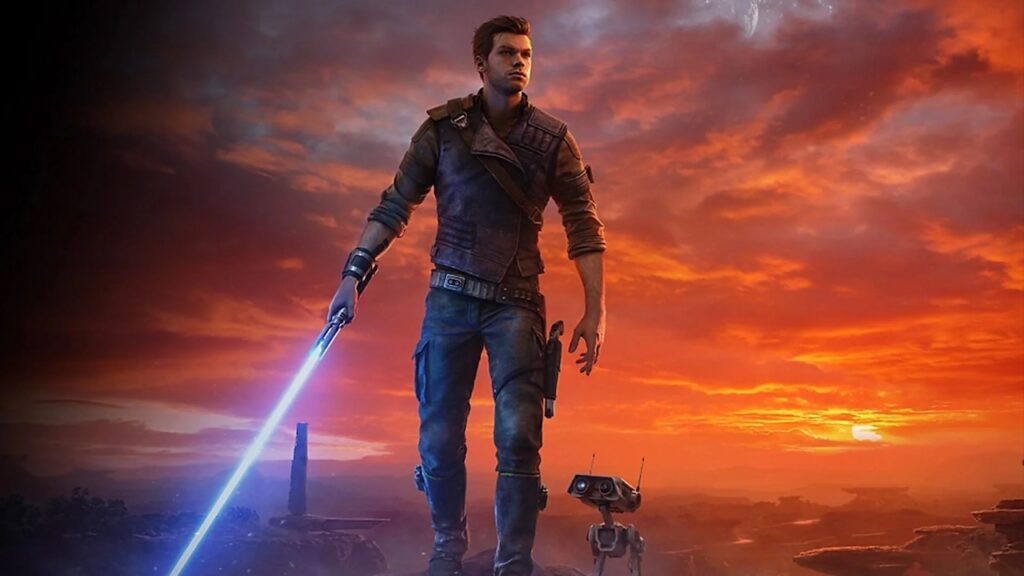 Cal Kestis di Star Wars Jedi: Survivor mentre impugna la spada laser con sono sfondo arancione